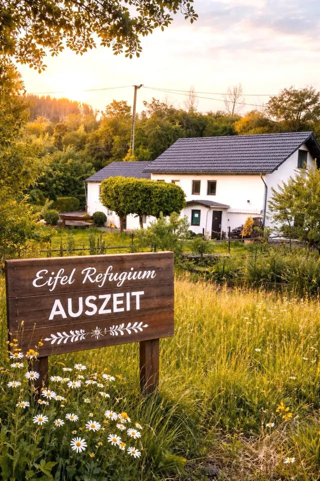 BookNoFees: Ferienwohnung in Halenbach – Garten mit Holzschild und weißem Haus mit dunklem Dach