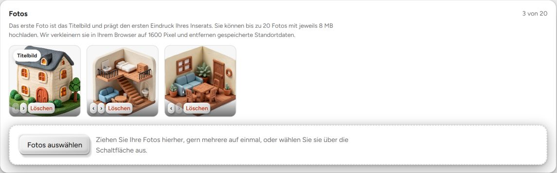 BookNoFees-Inserat bearbeiten: Fotos hinzufügen, ihre Reihenfolge ändern und das Titelbild auswählen.